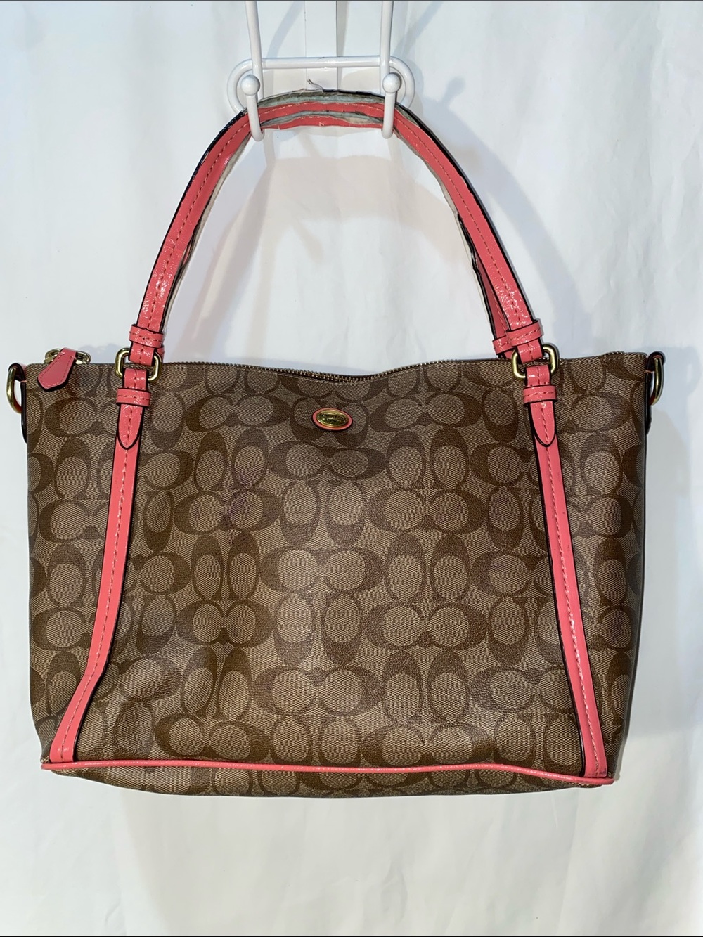 Coach F27020 Peyton Brown Signature Shoulder Bag with Coral Pink Trim Tote